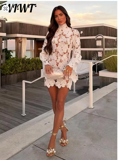 White Knit Mini Dress with Cutouts - Long Sleeves & Stand Collar