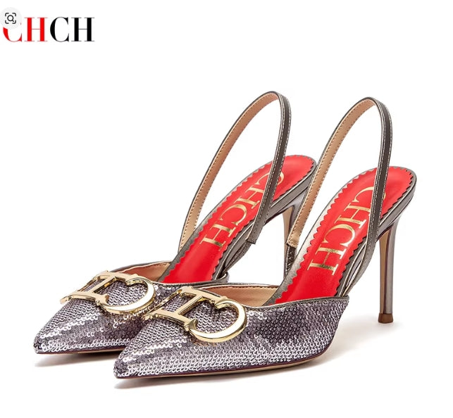 CHCH Black & Red High Heel Slingback Pumps