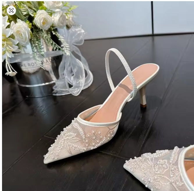 Women's Sexy Summer Mesh-Embroidered Stiletto Slingback Dress Sandals with Pointed Toe