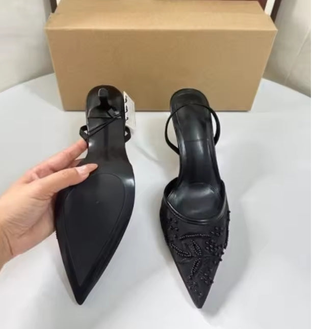 Women's Sexy Summer Mesh-Embroidered Stiletto Slingback Dress Sandals with Pointed Toe