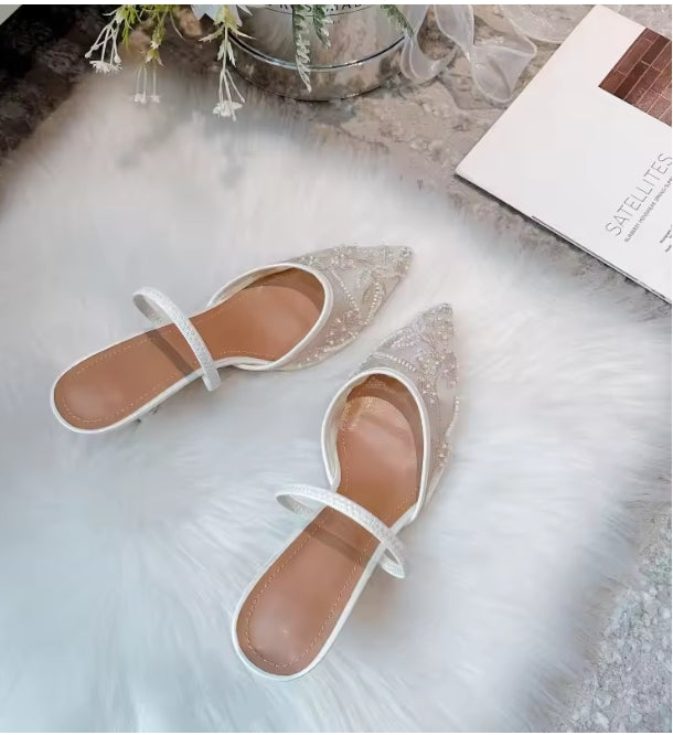 Women's Sexy Summer Mesh-Embroidered Stiletto Slingback Dress Sandals with Pointed Toe