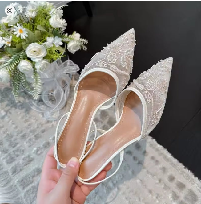 Women's Sexy Summer Mesh-Embroidered Stiletto Slingback Dress Sandals with Pointed Toe