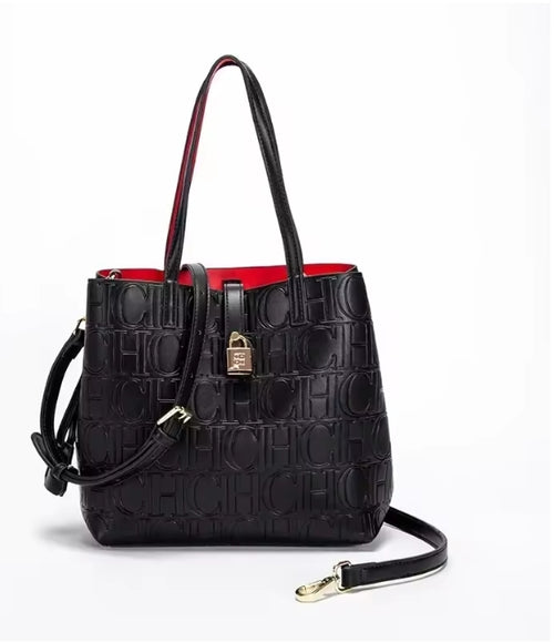 Black Embossed Tote Bag with Red Interior & Crossbody Strap