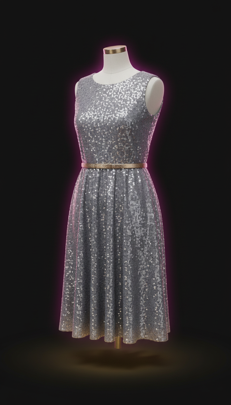 Mist Gray Sequin Party Dress With Metallic Belt