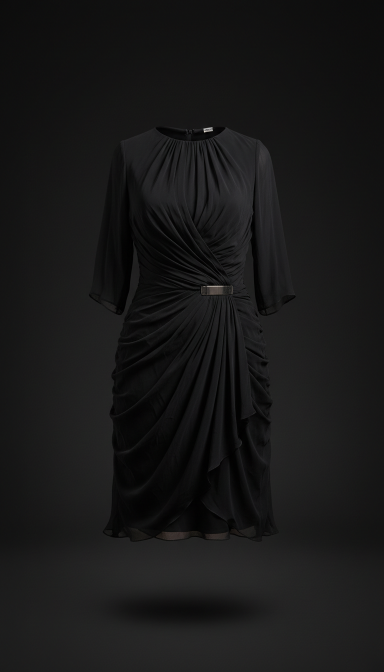 Black chiffon ruched cocktail dress